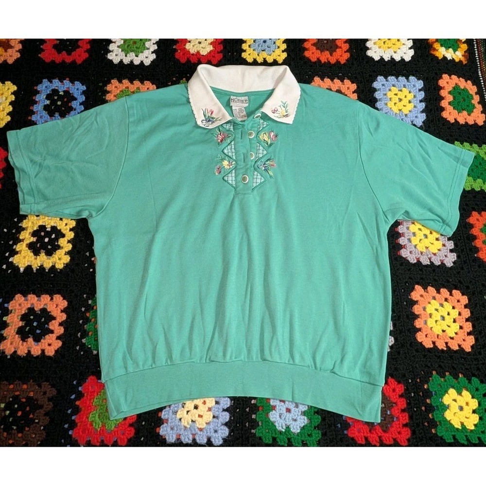 Vintage Koret Francisca Woman's Flower Teal Blouse Shirt Size XL Embroidered